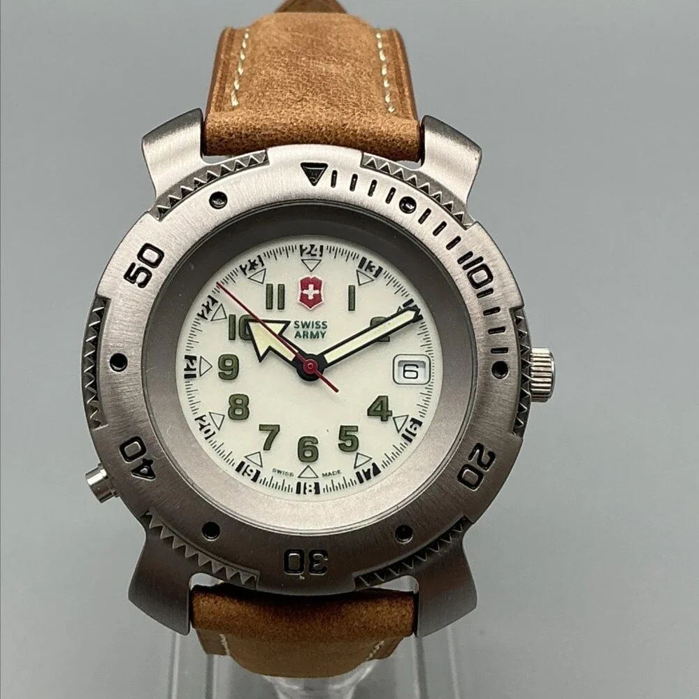 Vintage Swiss Army Lancer Mens Watch 39mm White Lume Leather Date New Battery